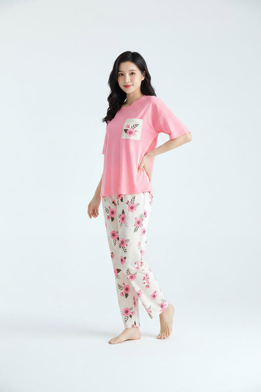 Pastel Pink Floral Pocket Pajama Set - Breathable Cotton Nightwear