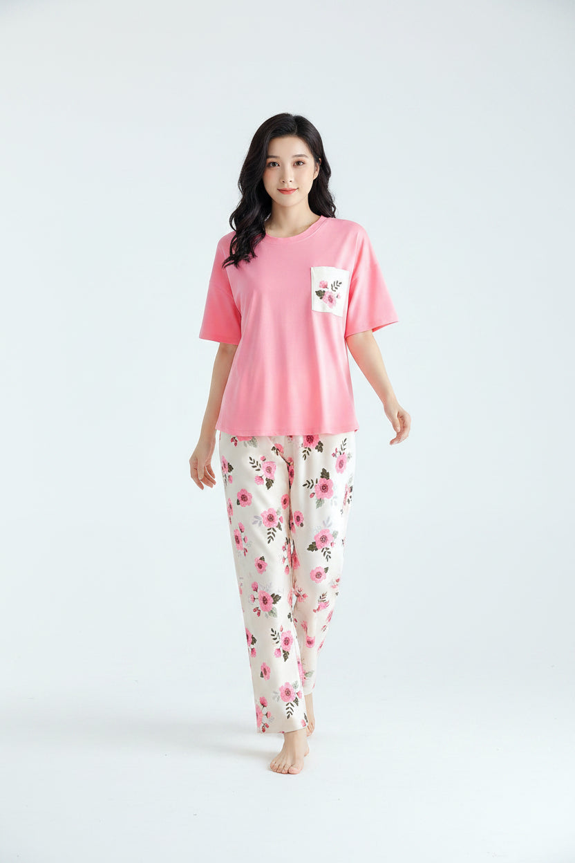 Pastel Pink Floral Pocket Pajama Set - Breathable Cotton Nightwear