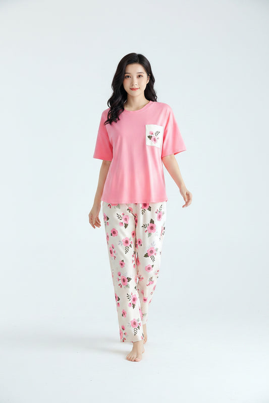 Pastel Pink Floral Pocket Pajama Set - Breathable Cotton Nightwear