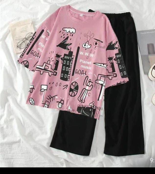 Trendy Pink Doodle Graphic Pajama Set | Artistic Urban Print Nightwear