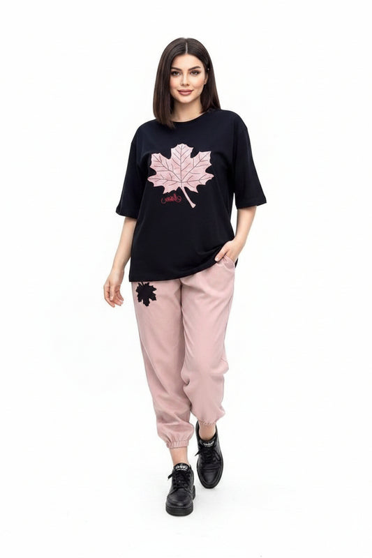 Premium Women's Printed Night Suit – Black & Pink