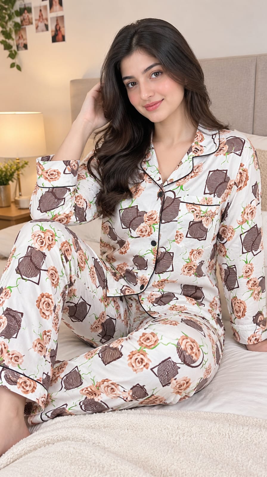Chic Peach Rose & Geometric Print Cotton Nightwear Set / Pyjama Set with Contrast Piping