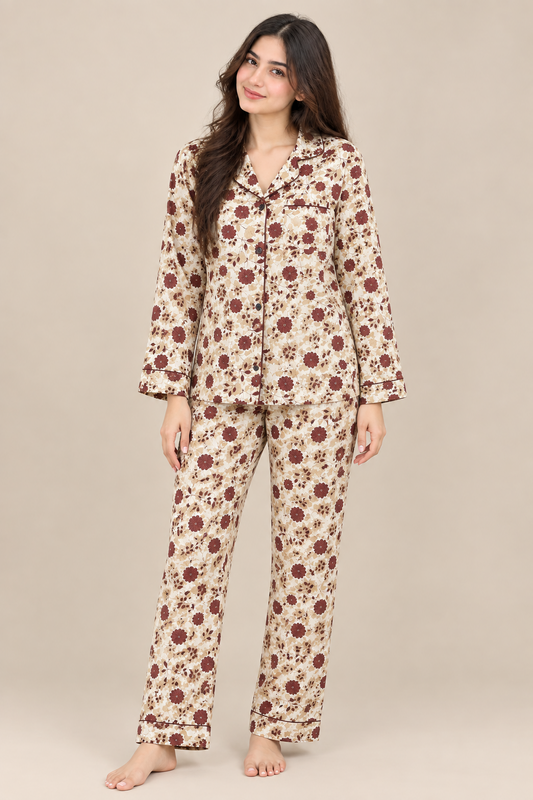 Rose Bloom Cotton Pajama Set  White Floral Printed Night Suit for Women